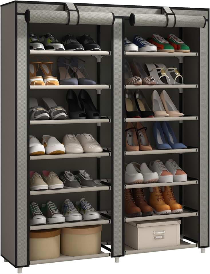 JIUYOTREE Double Row Shoe Rack Storage Organizer with Big Capacity,7-Tier Shoe Cabinet,Shelf,Closet with Nonwoven Fabric Cover for 28 Pairs of Shoes,Grey