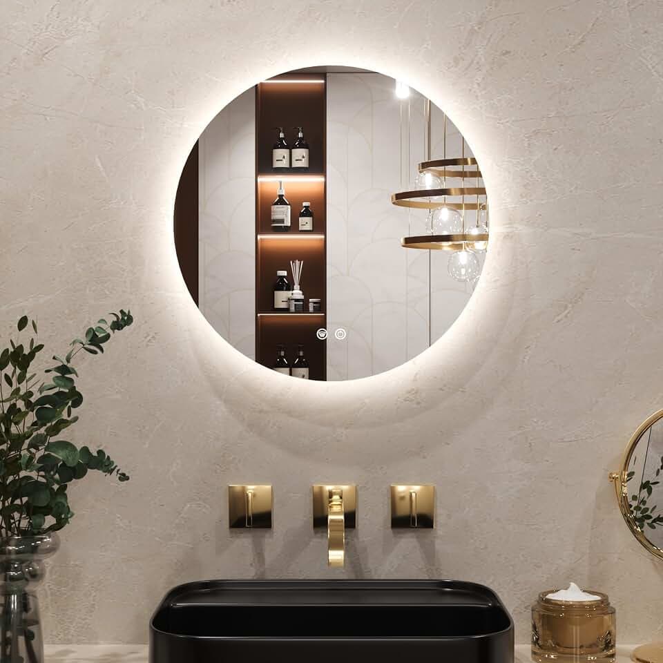 Keonjinn Badspiegel mit Beleuchtung Rund 50cm, Badezimmerspiegel mit Beschlagfrei Touch Schalter Speicherfunktion 3 Lichtfarben Dimmbarer LED Bad Spiegel Ohne Rahmen Badezimmer Wandspiegel