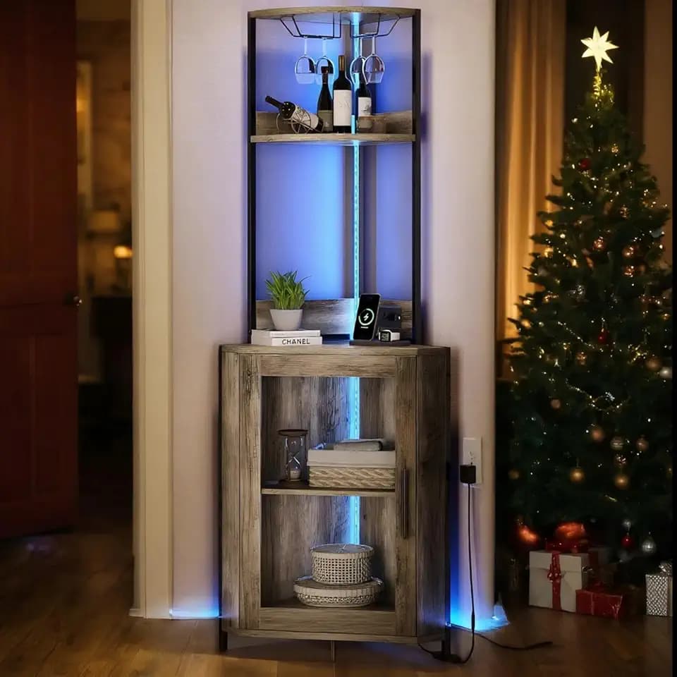 YITAHOME Corner Wine Cabinet with Power Outlets & LED Lights