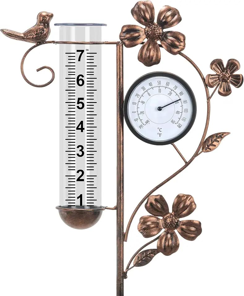 Rain Gauge Outdoor with Thermometer Garden Decorative, Bird Rain Gauges