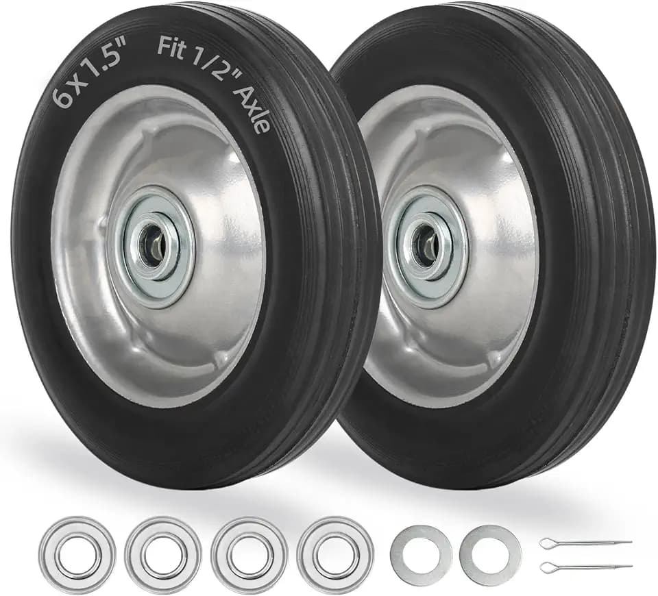 GICOOL 6" Flat Free Solid Rubber Tire and Wheel, with Ball Bearings and 1/2" Axle Bore Hole, 1.3" Centered Hub, 2 Pack