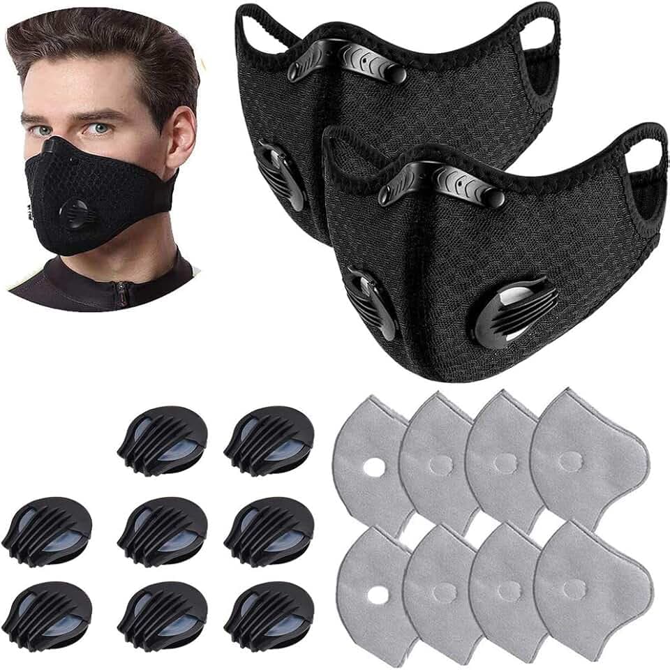 2 Pcs Unisex Protect Mouth Cover Adjustable Reusable with 8 Filters 8 exhaust valves,for Allergies Woodworking Running Sanding Mowingï¼ˆBlackï¼‰