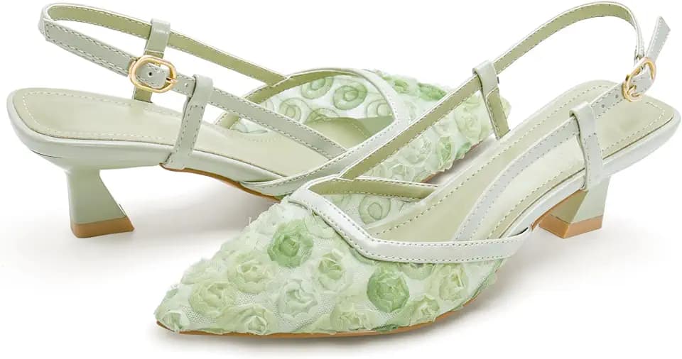 Close Toe Pump Shoes for Women Pointed Toe Slingback Flowers Floral Kitten Heels Sandals Dressy Heeled Sandals Wedding Bridal Dressy Shoes