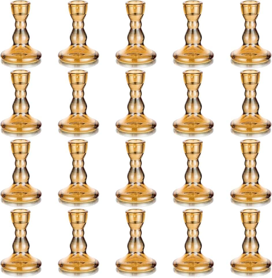 Romadedi Glass Candle Holder for Candlestick - 20pcs Amber Glass Tapered Candle Holders Bulk for Standard Candle Sticks for Wedding Centrepieces Christmas Table Décor, Amber
