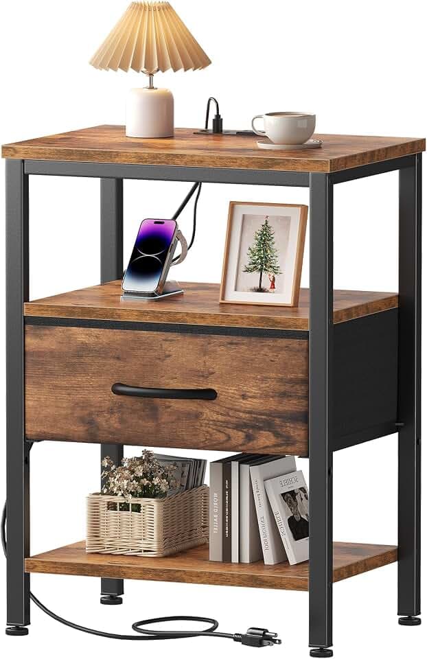 OLIXIS Nightstand with Charging Station, Beside Table with Fabric Drawer
