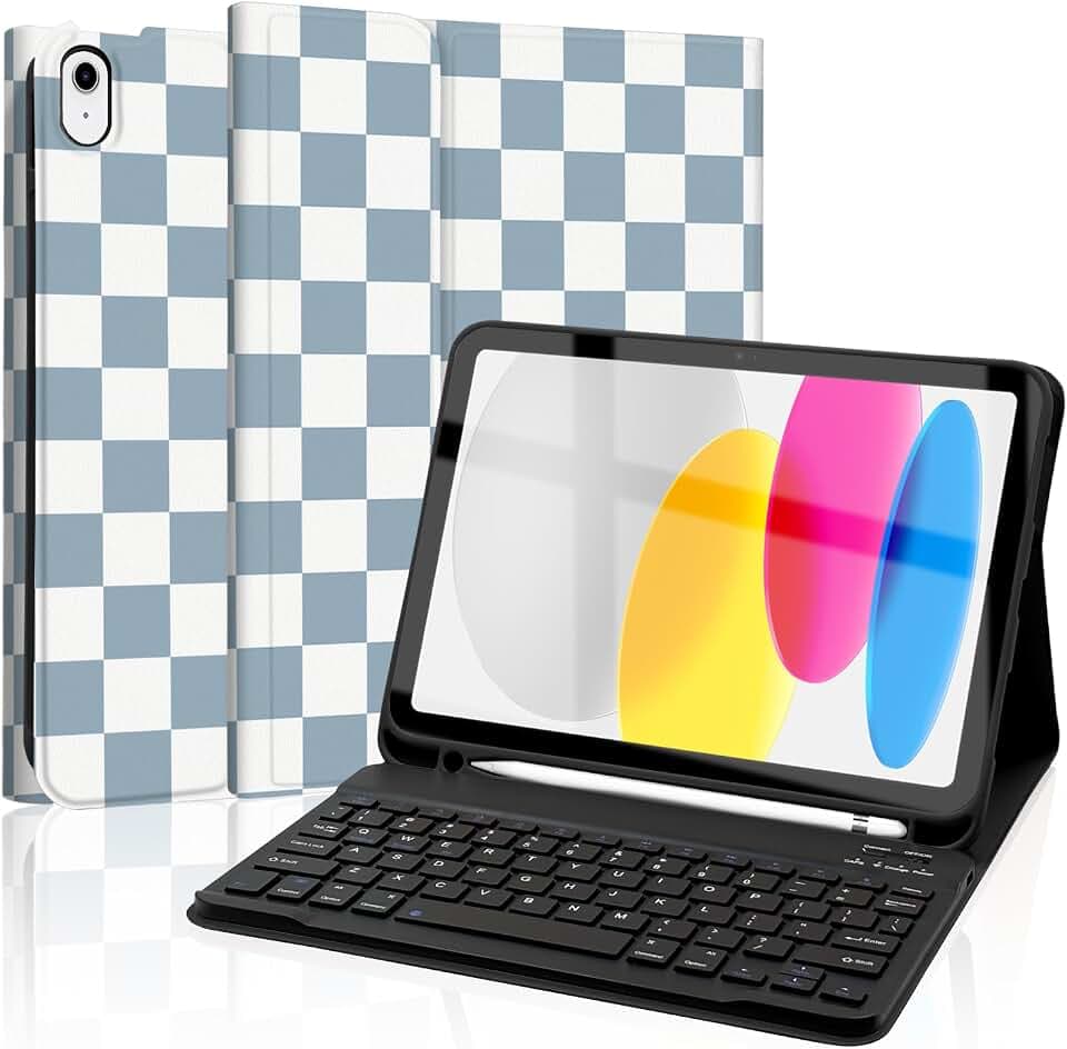 for iPad 11th 10th Generation Case with Keyboard, Detachable Folio Wireless Keyboard Cover with Pencil Holder for 11th A16 11-inch 2025，10th Gen 10.9 Inch 2022, Checkered Plaid Blue-White