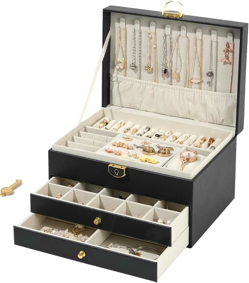WAREHOUSE Schmuckkästchen Schmuckaufbewahrung, 3-Lagige Abnehmbare Schmuckkästchen, zur Aufbewahrung von Schmuck, Ringen, Ohrringen, Armbändern, Wasserdichte Leder Schmuckkasten (Schwarz)