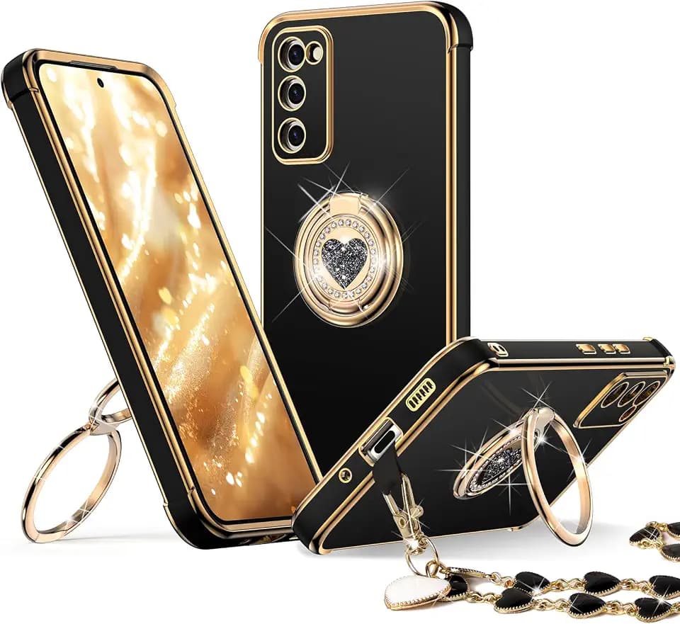 XYZ for Galaxy S20 FE Case with Stand, for Samsung Galaxy S20 FE Case with Double Ring, Women Girls Bling Luxury Protective Phone Case Heart for Samsung S20 FE, Black