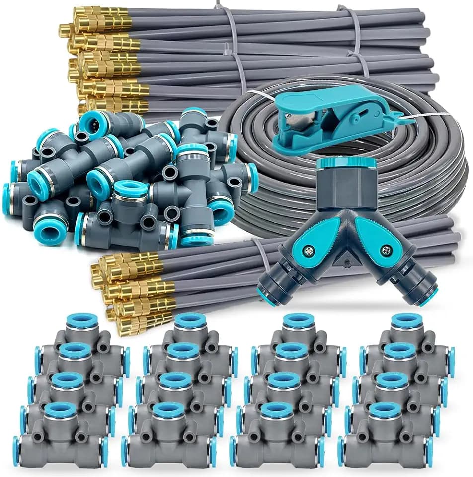 Drip Irrigation System, 100Ft 5/16 Inch Hose, 30 Adjustable Copper Nozzles, Automatic Atomizing Watering Kit for Greenhouse, Outdoor, Raised Bed, Lawn