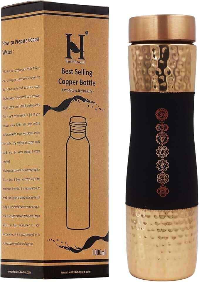 Pure Copper Water Bottle Wide Mouth, 1000 Ml Capacity (33.81 US Fl Oz) For Ayurveda Health Benefits (7 Chakras)