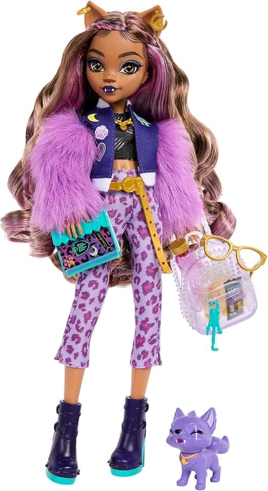 Monster High Clawdeen Wolfspuppe mit Felljacke | Werwölfin in lila Kleidung mit Hund Crescent und Zubehör wie Rucksack, Planer, Snacks und mehr, HRP65