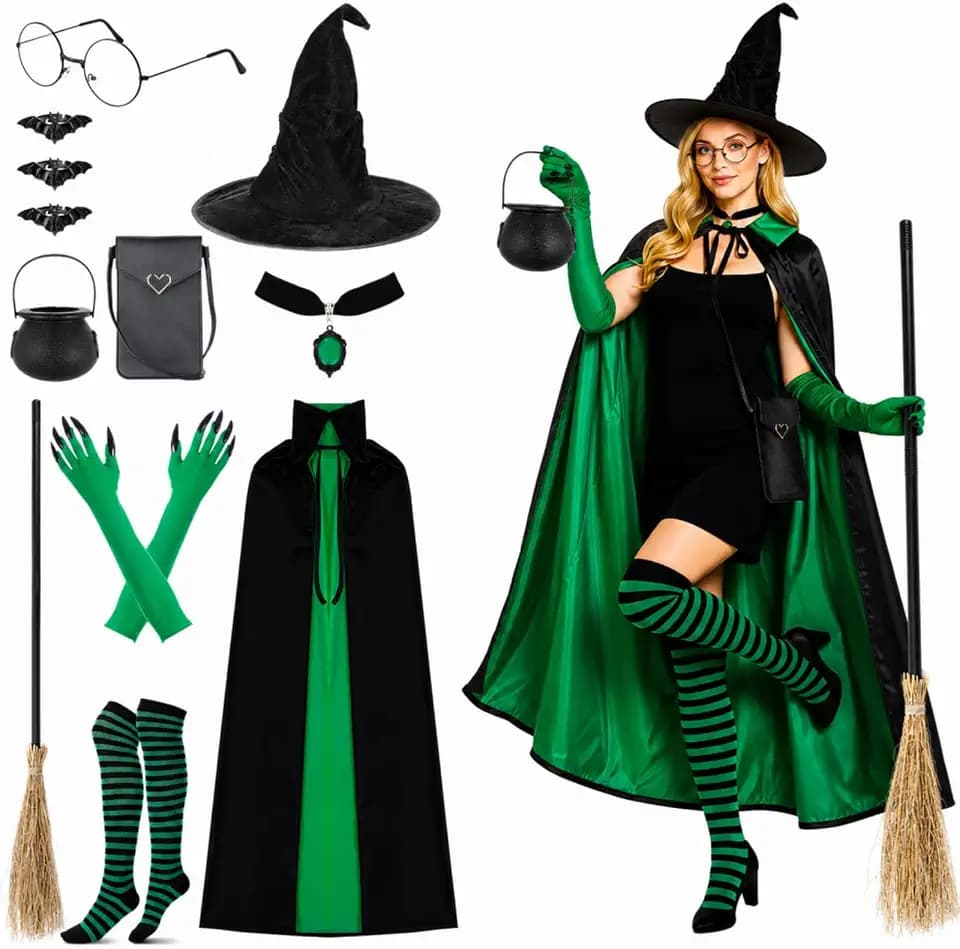 Shihanee 12 Pcs Halloween Witch Costume Set with Hat Cape Broom Gloves