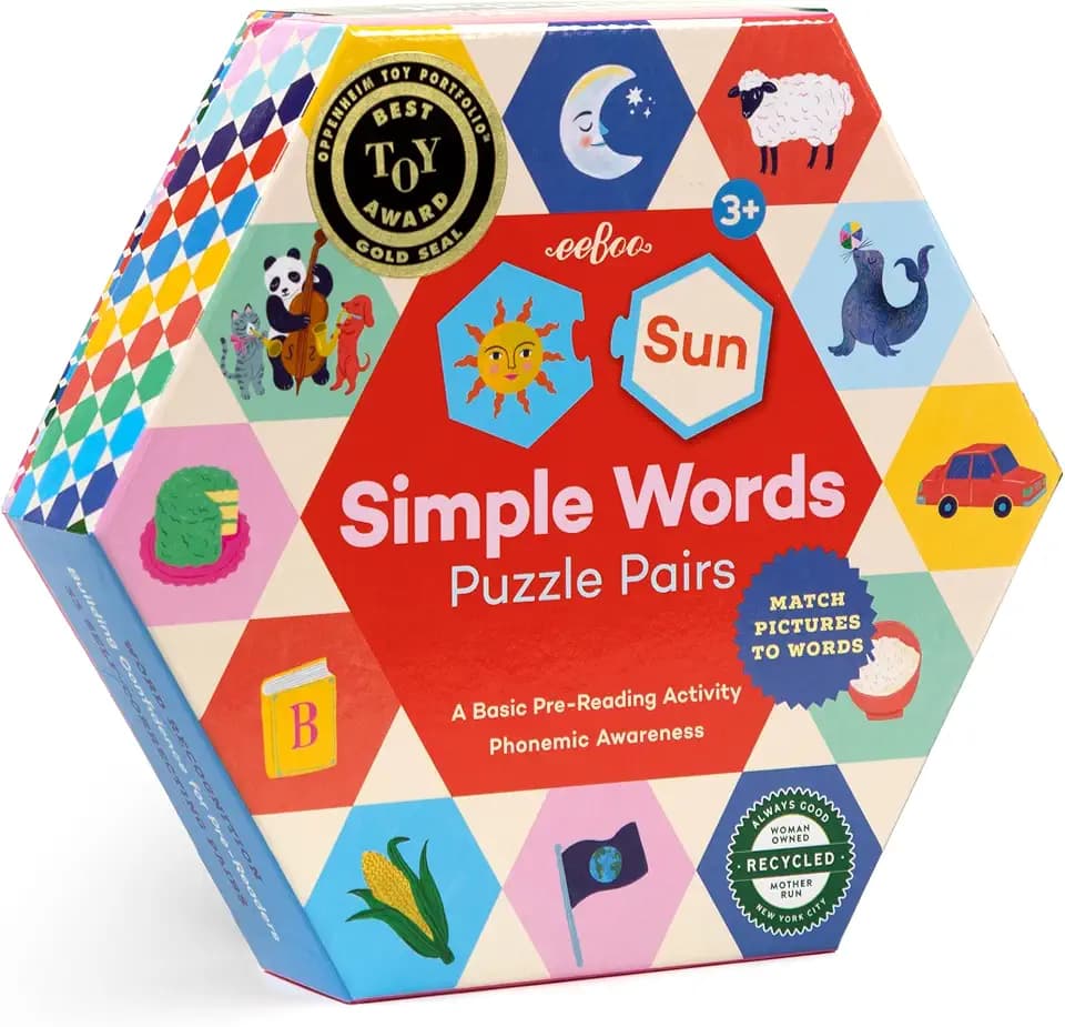 eeBoo Hexagon Puzzle Pairs, Simple Words Matching Game, Ages 3+