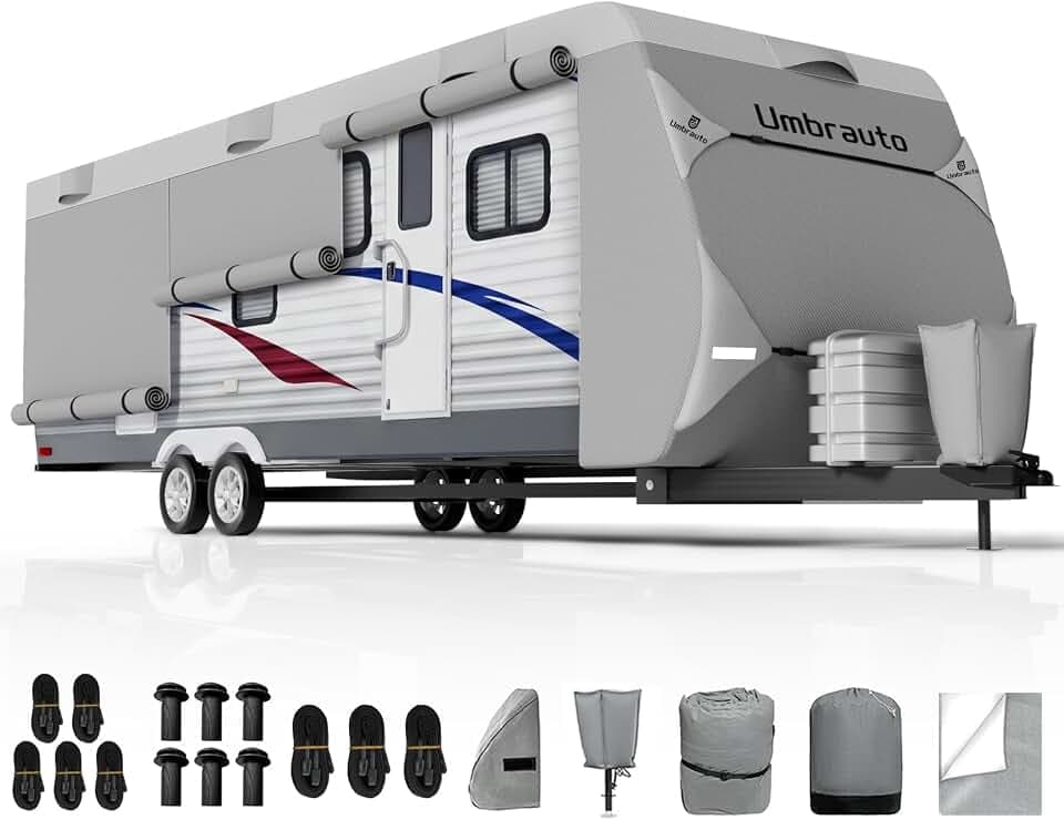 Umbrauto RV Cover 16-18ft: 9 Layers Travel Trailer Cover, Waterproof Camper Cover, Toy Hauler Cover with Extra Windproof Ropes, Tongue Jack Cover, Gutter Covers