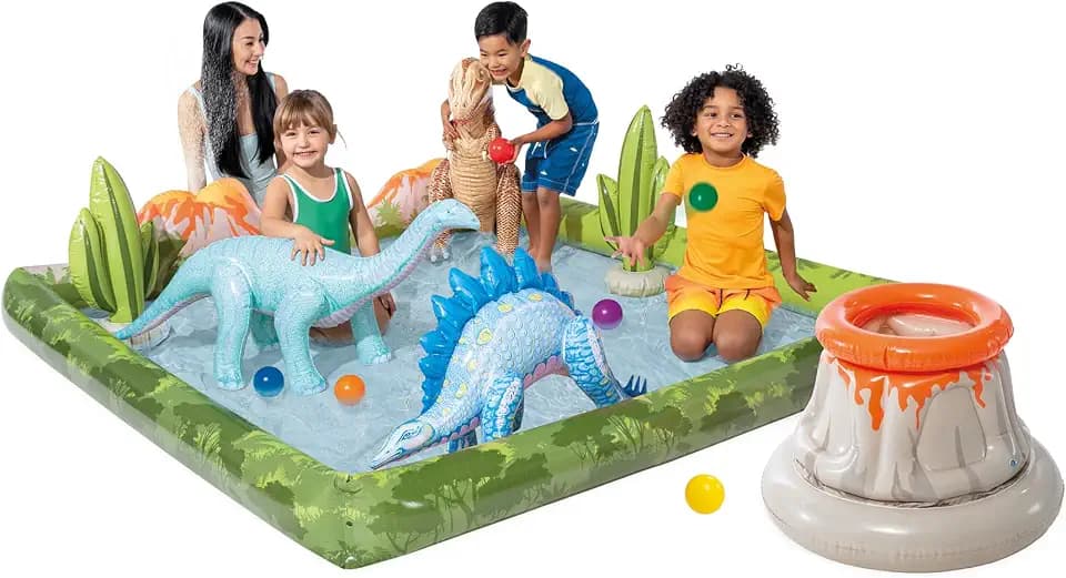 INTEX Jurassic Adventure Inflatable Kiddie Pool with Water Sprayer, Slide & Dinosaurs - 79" x 79" x 14" - Ages 2+