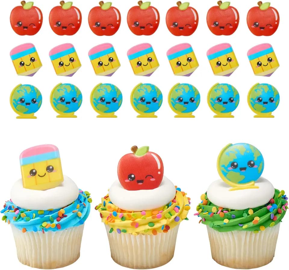 Kawaii Back to School Cupcake Decoration Toppers | 24 Pack Party Cake Rings