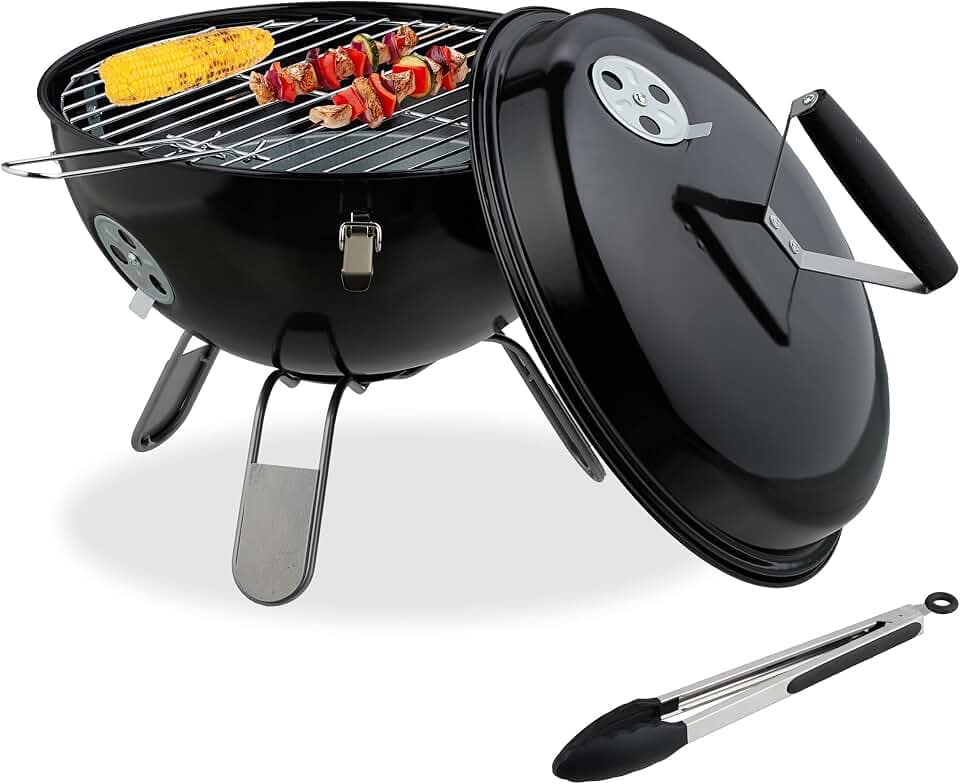 Relaxdays Kugelgrill, tragbar, Ø 37 cm, Picknickgrill für Garten & Park, Holzkohlegrill mit Deckel, Rundgrill, schwarz