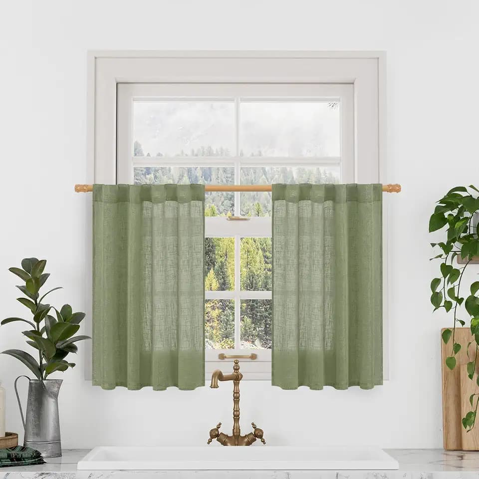 LAMIT Semi Sheer Linen Curtains 36 Inch Length for Cafe Small Window