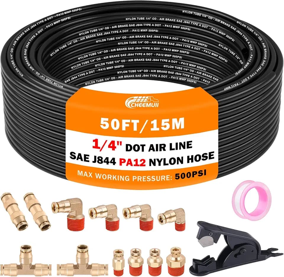 CheeMuii 12 Pcs 1/4 Brass DOT Air Fittings With 50 FT 1/4" DOT Air Line Kit