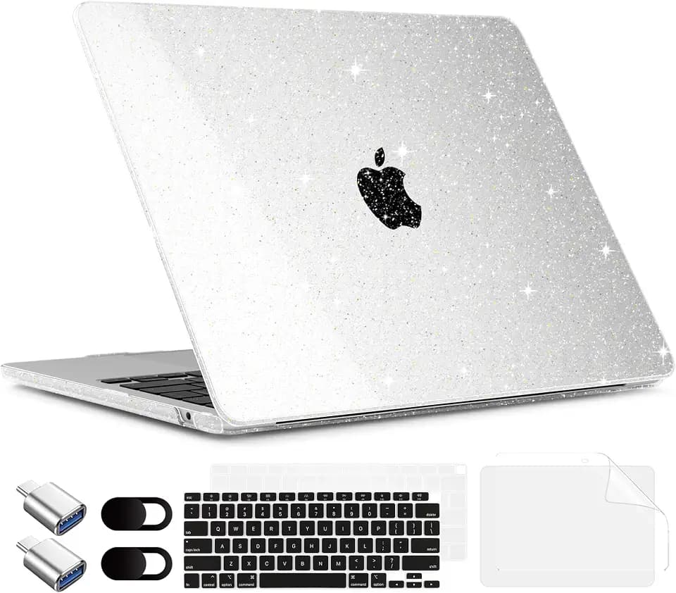 TWOLSKOO for MacBook Air 13.3 inch Case 2021-2018 M1 A2337 A2179 A1932 with Retina Display, Plastic Hard Shell Case with Keyboard Cover & Type C Adapter 2 Pack & Camera Cover, Glitter Clear
