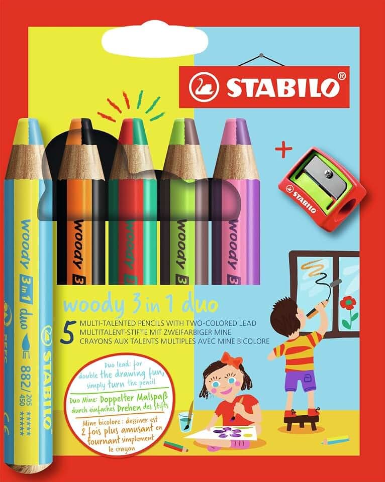 STABILO - Duo Buntstift, Wasserfarbe & Wachsmalkreide - woody 3 in 1 duo | zweifarbige Mine, 5er Pack mit Spitzer, 5 Stifte