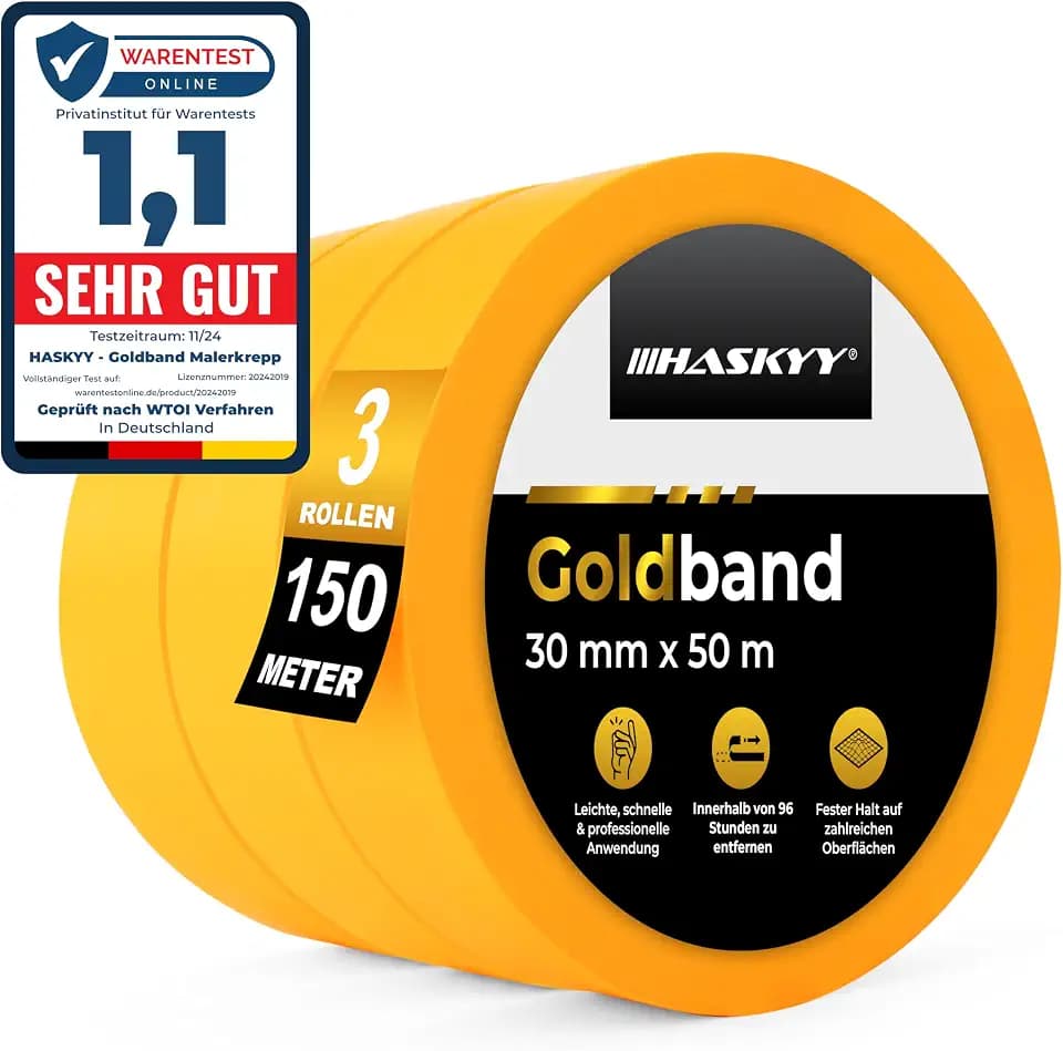 HASKYY Goldband Malerkrepp Kreppband 3x Malerband 30mm x 50m Profi Abdeckband Malertape Klebeband Washi Tape Gold Papiertape Selbstklebend