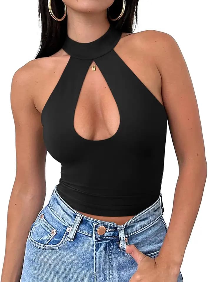 REORIA Womens Sexy Going Out Halter Crop Tops Trendy Cut Out Y2k Tank