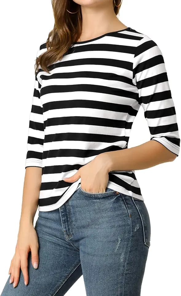 Allegra K Women's Elbow Sleeves Top Round Neck Tee Casual Printed T-Shirt