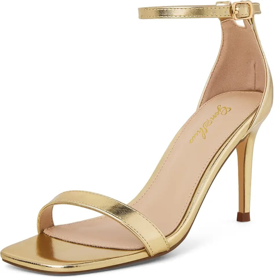 GENSHUO Women's Heeled Sandals Dressy Strappy Stiletto High Heels 3 Inch Square Open Toe Ankle Strap Buckle Sexy Prom Wedding Dress Shoes Ankle Wrap