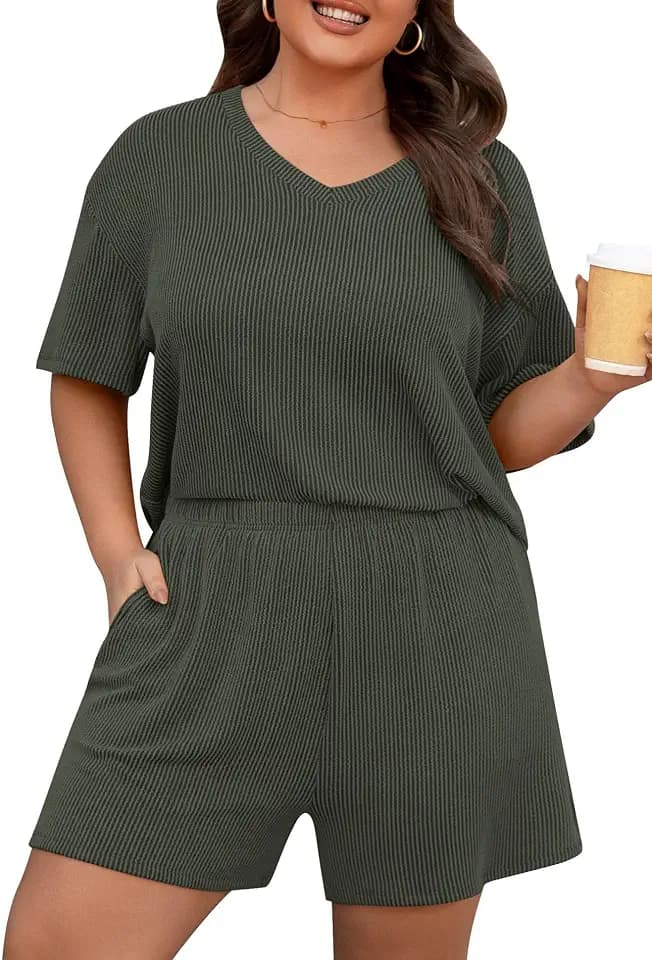 Charmo Women's 2 Piece Plus Size Short Sets Ribbed Summer Vacation Outfits
