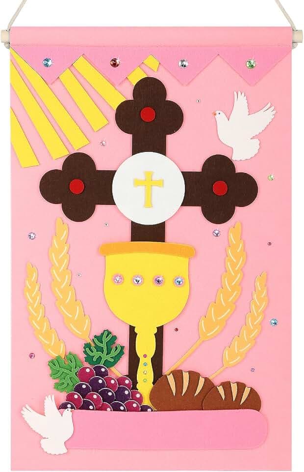 First Communion Banner Kit for Boys Girls Catholic Craft Pack First Holy Communion Banner kits DIY Holy Communion Banners Church and Sunday School Crafts for Kids First Communion Felt Decor Set