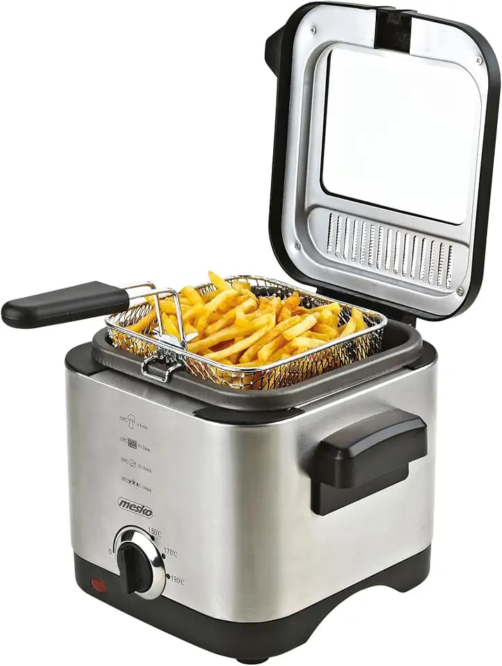 Mesko MS4910 Friteuse mit Öl 1,5 Liter Fett, Elektrische, Klein, Regelbares Thermostat, Antihaft-Ölbehälter, Geruchsfilter 900W, Edelstahl