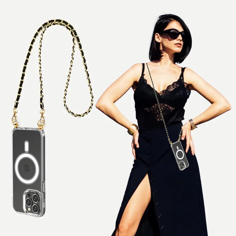 Aporia Compatible with MagSafe iPhone 16 Pro Clear Case with Built-in Golden Hooks and Crossbody Shoulder Strap Chain | Wireless Charging | Luxury Design | Shockproof | 120cm 47.25 Inches