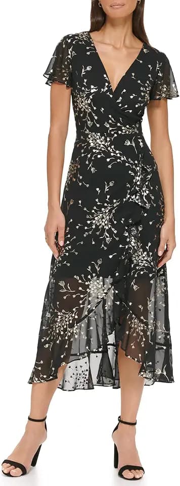 Kensie Womens Short Flutter Sleeve Faux Wrap Midi Dress