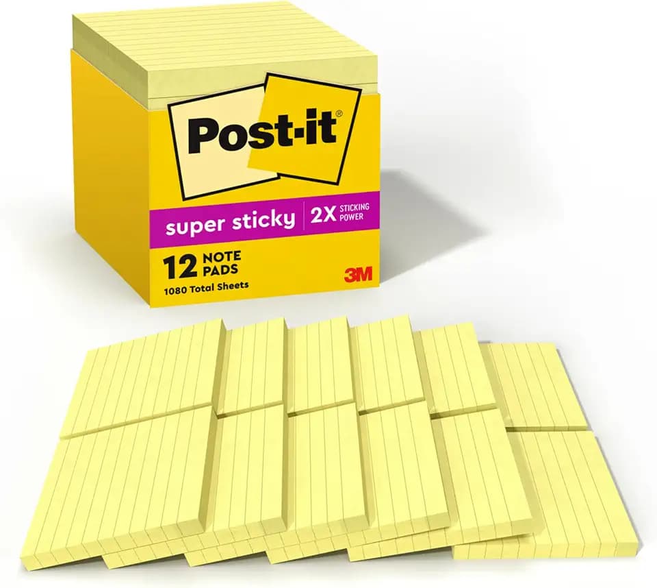 Post-it Super Sticky Notes, 4 x 4 in, Canary Yellow, 12 Lined Pads