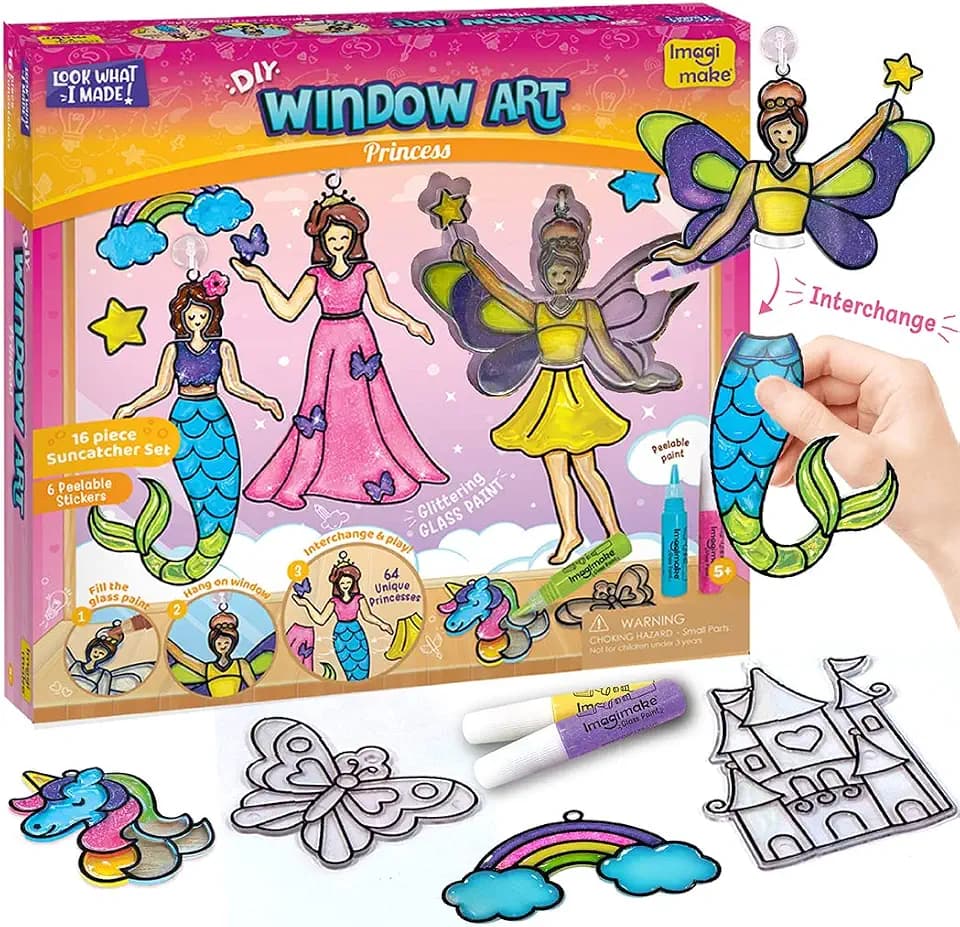 Imagimake Window Art - Princess, Mermaid, Unicorn 16 Pieces Suncatcher Kit