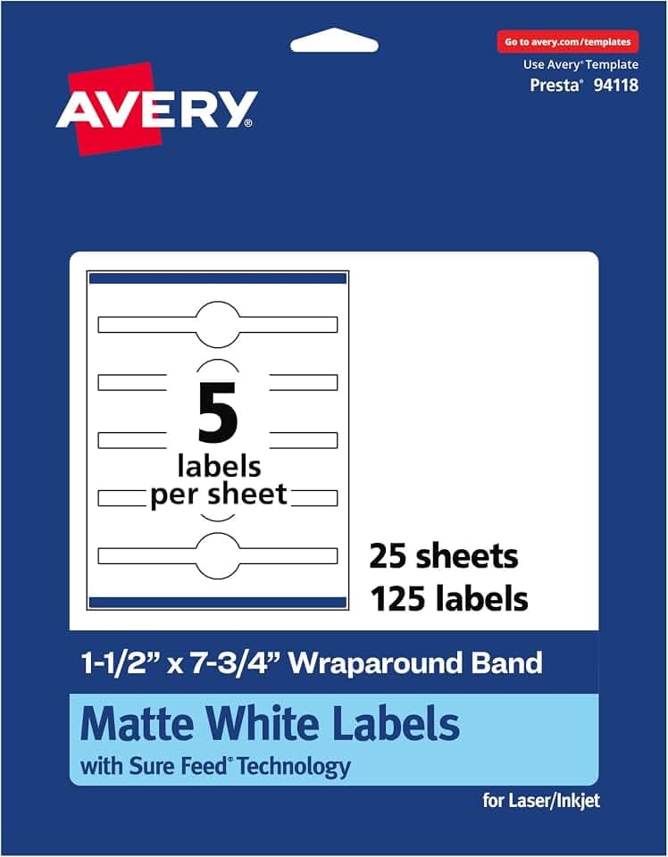 Avery Matte White Wraparound Band Labels, Sure Feed Technology, 1.5" x 7.75", Cigar Band Labels, Print-To-The-Edge, Permanent Adhesive, Laser/Inkjet Printable, 125 Total