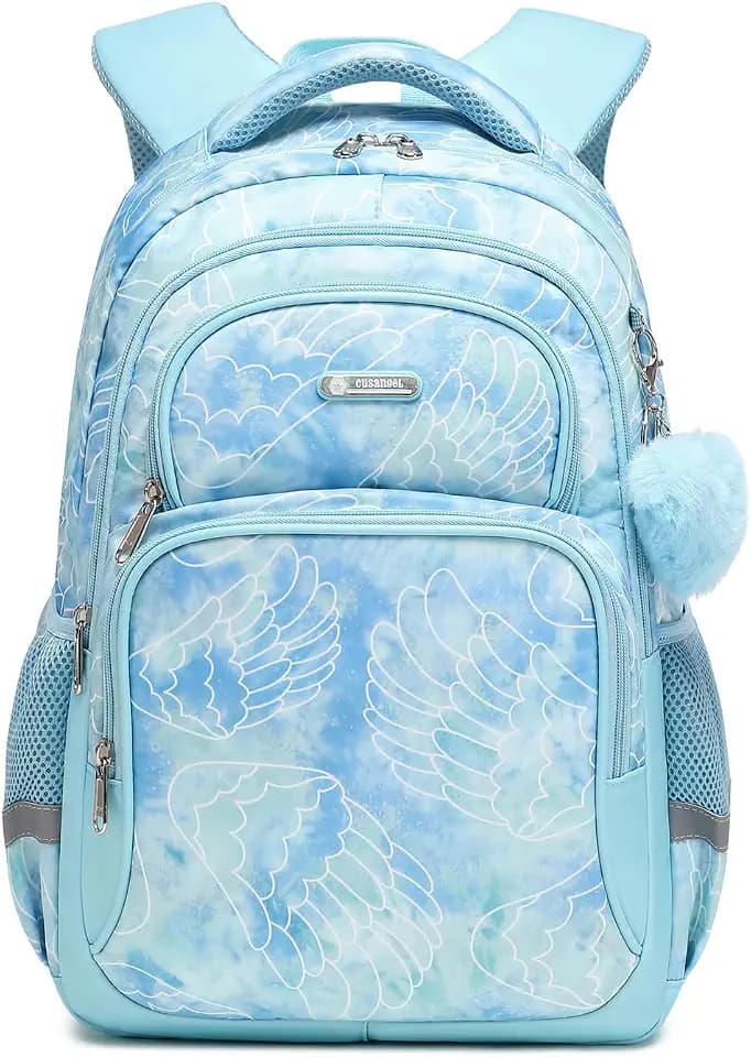 Cusangel Schulrucksack für Mädchen, große Kapazität, Schultaschen für Mädchen und Jungen, mit reflektierendem Streifen, niedlicher wasserdichter blauer Flügelrucksack für Schulreisen, leichter