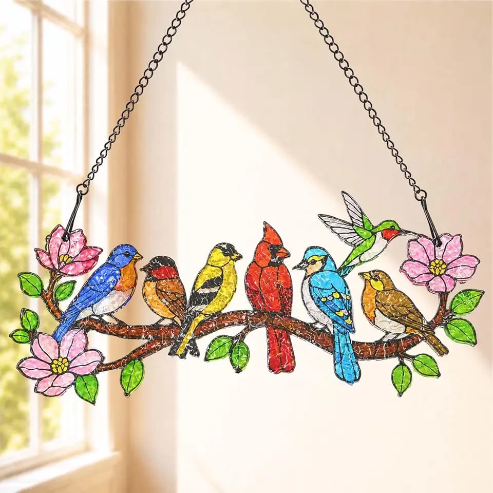 Bird Suncatcher for Windows, Water-Ripple Acrylic Birds on Branch Hanging Decor with Cardinal Hummingbird Kingfisher, Stained Glass Inspired Ornament, Gift for Mom Grandma