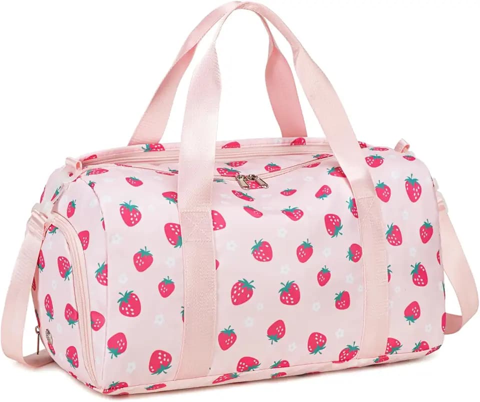 CAMTOP Kids Duffel Overnight Bag Boys Girls Toddler Weekender Carry-On Personalized Tote for Travel Gym Sport (B-Pink Strawberry)