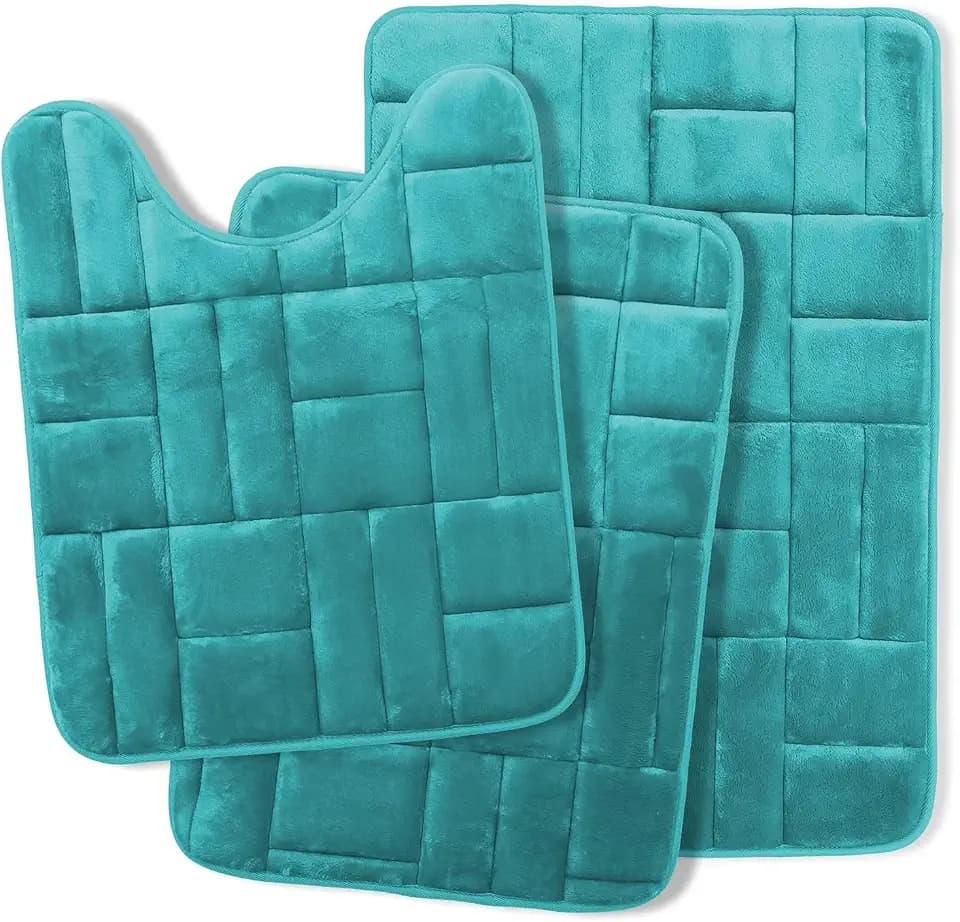 Clara Clark Set of 3 Bath Mats, Non-Slip Velvet Memory Foam Bathroom Rugs, Machine Wash, Soft and Plush Bath Rugs, 17 x 24 Inch, 20 x 32 Inch & U-Shaped 20 x 24 Inch, Tiled Design - Teal