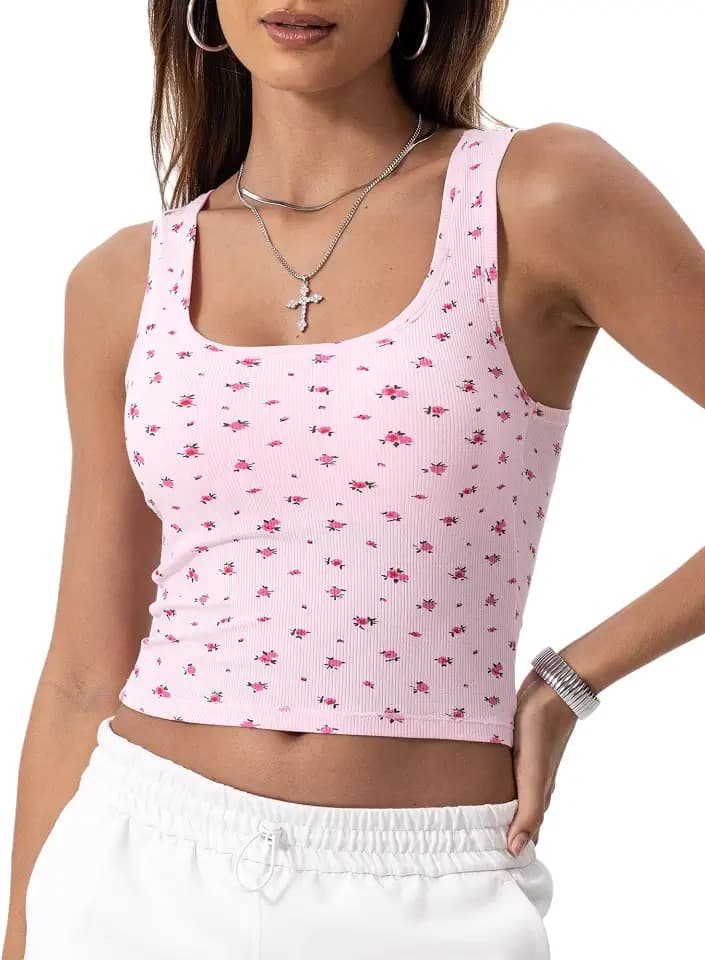 Danysu Women Rib Tank Top Padded Workout Top Square Neck Crop Tank Fitted Basic Cami Tops