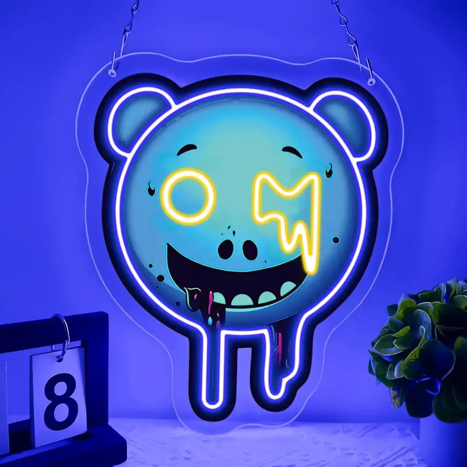 Melting Bear Neon Sign,Smiley Face Neon Signs for Wall Decor,Bear Neon Signs for Game Room Decor,Cartoon Anime Led Light Signs for Teen Boys Room Decor,Anime Gamer Gifts