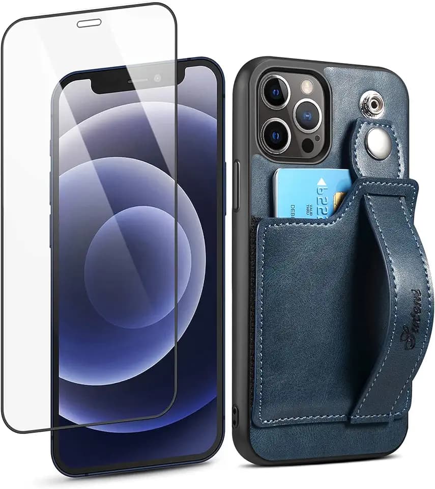 SINIANL iPhone 12 Case Wallet, iPhone 12 Pro Wallet Case with Card Holder, Leather Kickstand Card Slot Case with Screen Protector, Wrist Hand Strap Protective Cover for iPhone 12/12 Pro 6.1 inch Blue