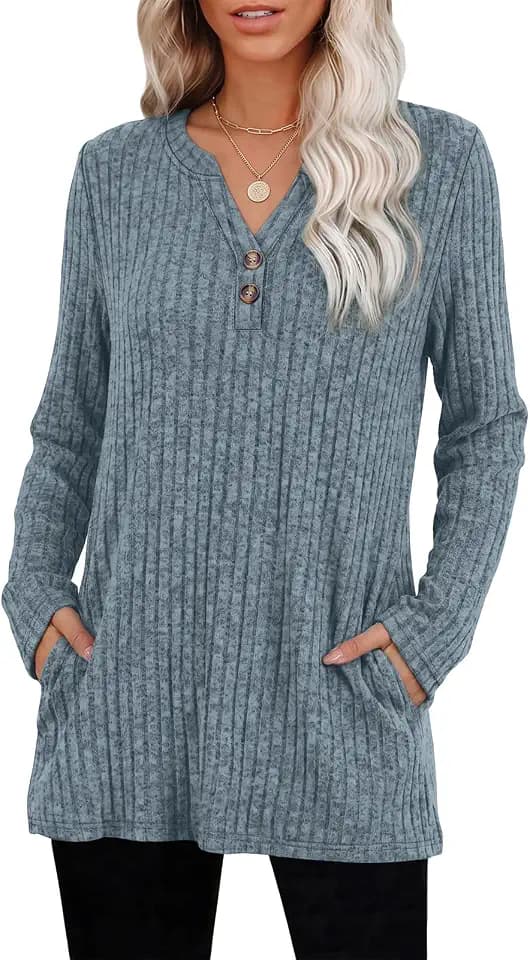 0FEEFAN Long Sleeve Shirts for Women Crewneck Tunic Tops Loose Fit S-3XL