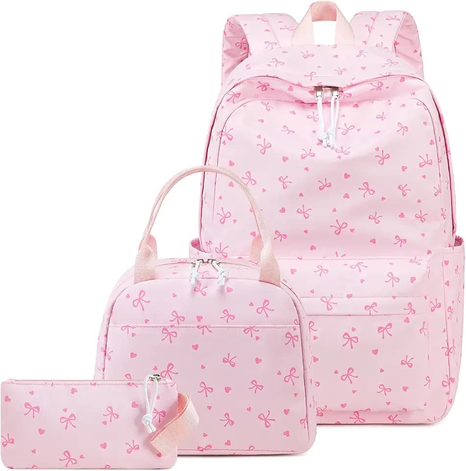 CAMTOP Girls Backpack with Lunch Box Set, Cute Bow School Backpack for Kids, 3-in-1 Lightweight Lunch Bag and Pencil Pouch