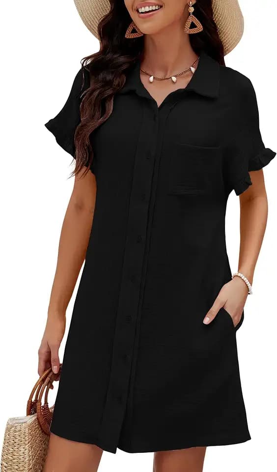 luvamia Womens Beach Cover Up Dress Cotton Button Down Shirt Dresses Casual Ruffle Sleeves Summer Dresses with Pockets