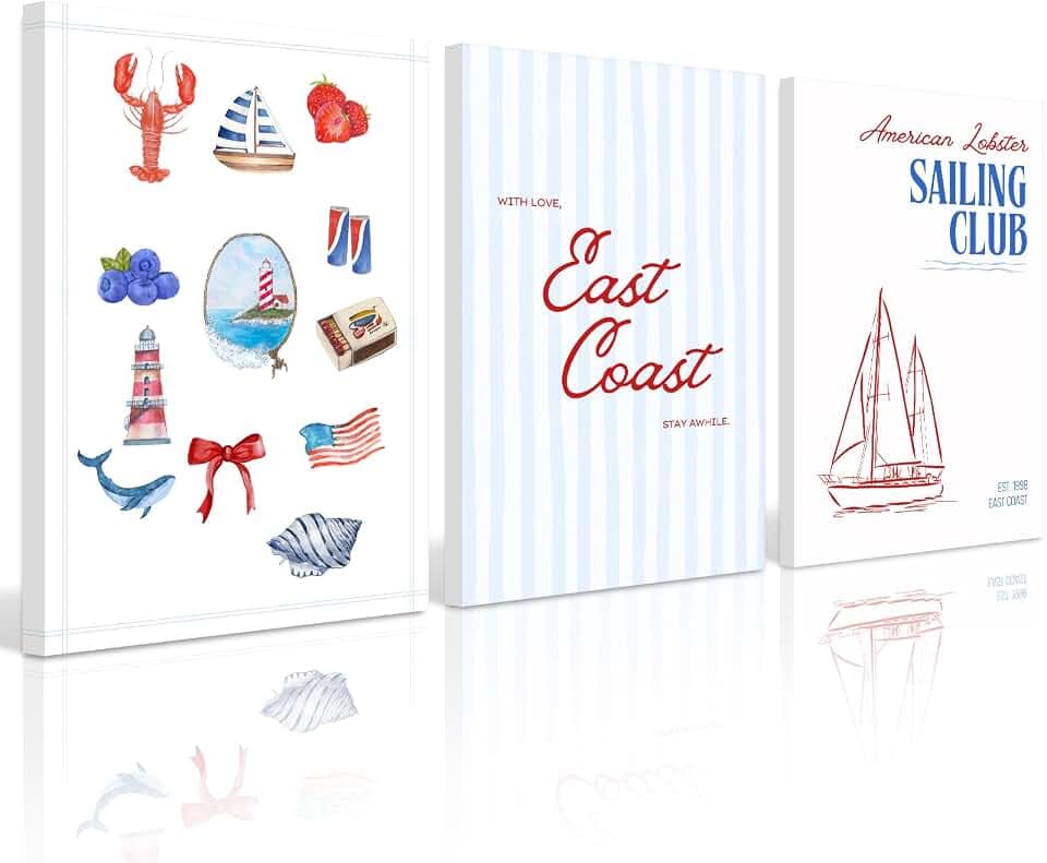 Coastal Wall Art Preppy Aesthetic Wall Decor Trendy East Coast Wall Art Watercolor Sailboat Prints Vintage Beach Pictures Coastal Poster for Living Room Bedroom 12x16 Inch Ready to Hang Set of 3