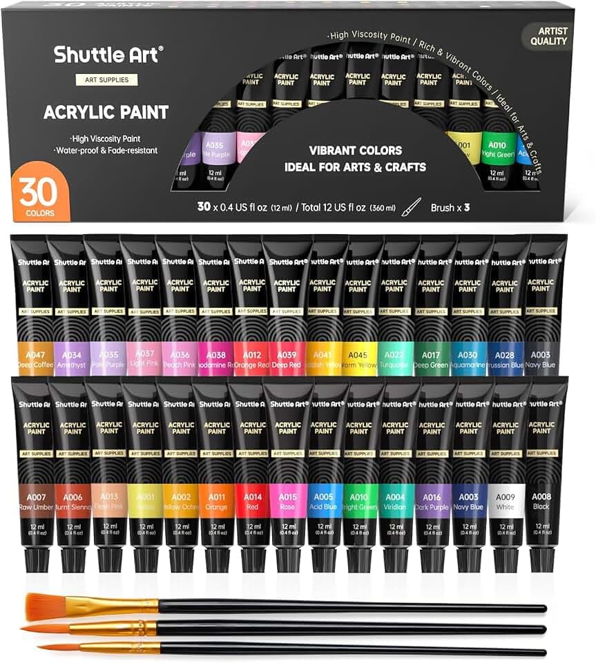 Shuttle Art Acrylic Paint Set, 30 x12ml Tubes Artist Quality Non Toxic Rich Pigments Colors Great for Kids Adults Professional Painting on Rocks Canvas Wood Clay Fabric Ceramic Crafts