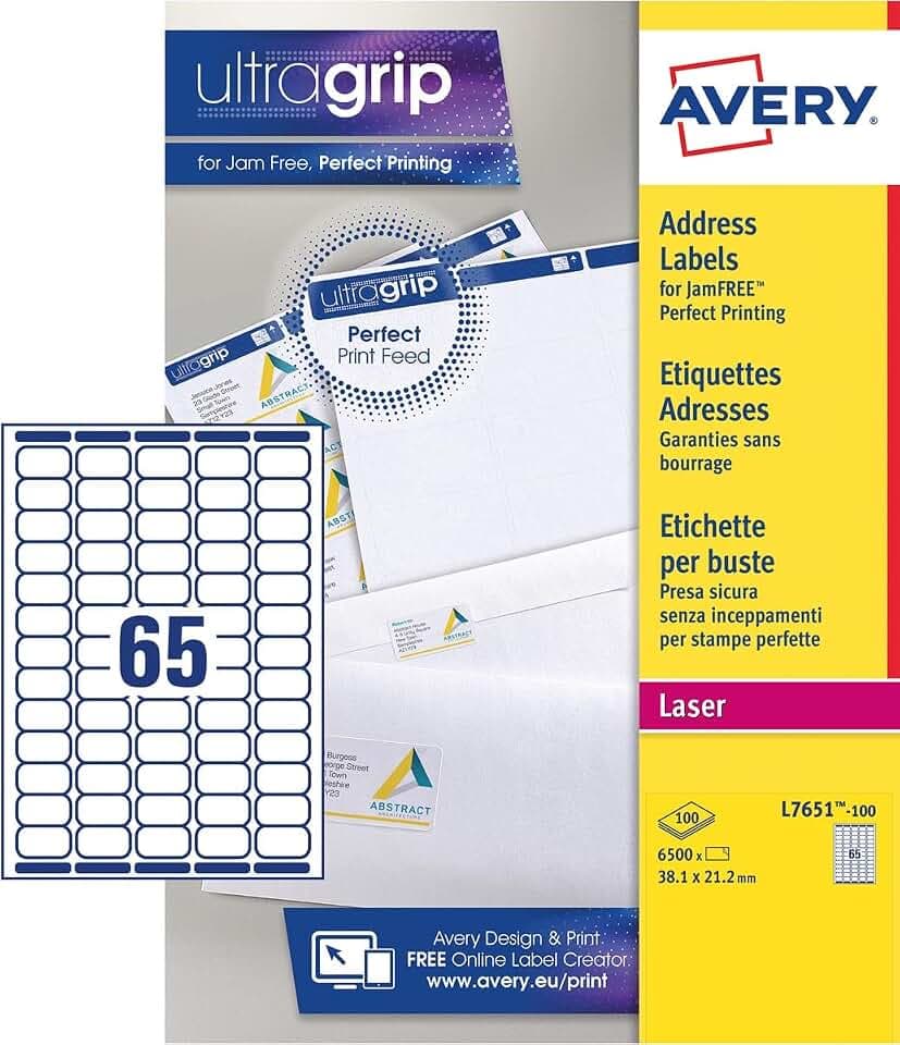 Avery L7651-100 weiße selbstklebende Etiketten, 6500 Stück, 38,1 x 21,2 mm, A4-Papier, A4-Blatt, für Laserdrucker, Staufunktion, FSC-zertifiziert, für Adressierung und Versand